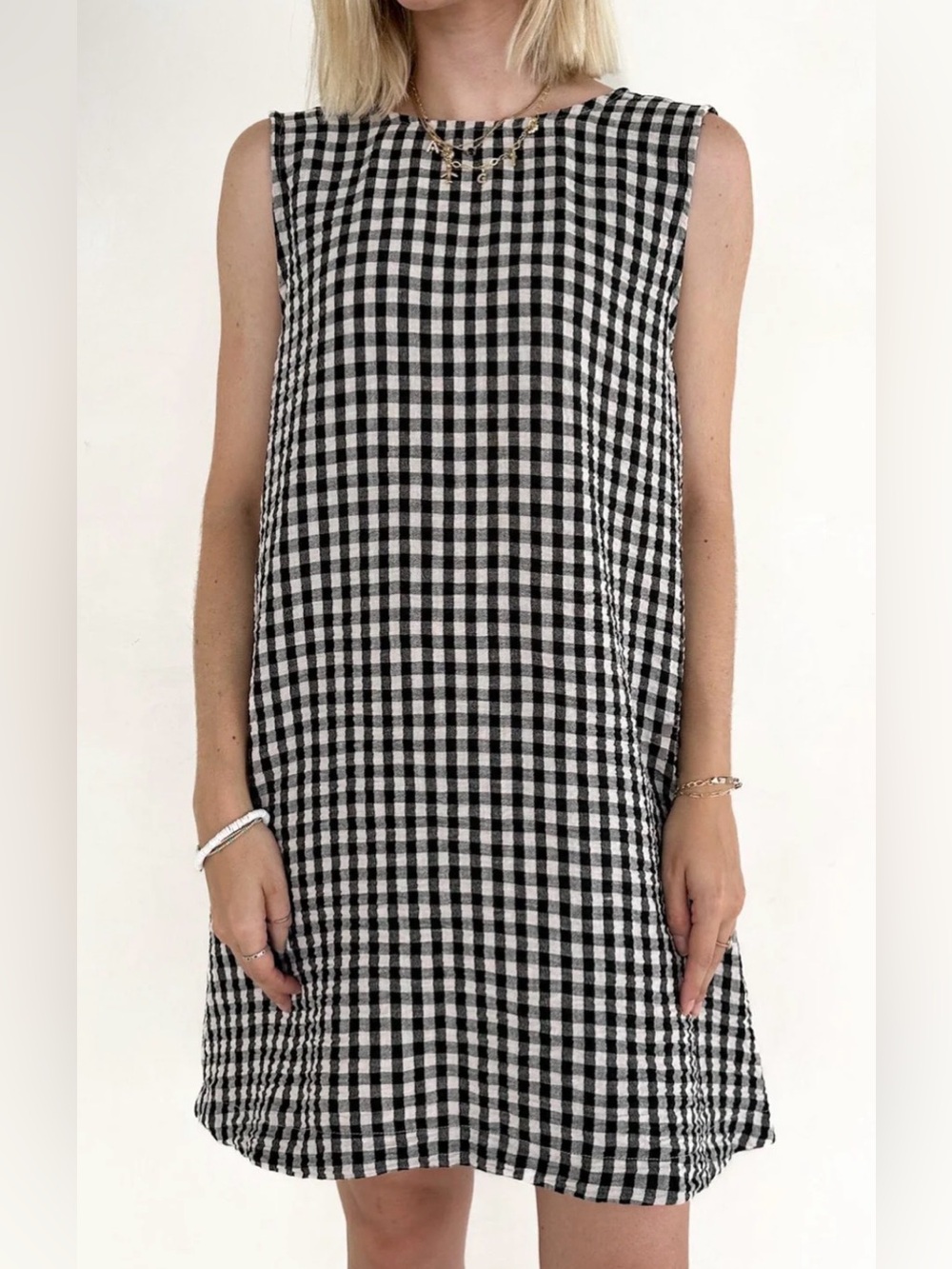 NWOT Black and White Gingham Sleeveless Shift Dress, tie back